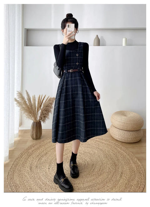 Autumn Winter Lady fashion Overalls 2 Piece Set Dress Women black Knitted Sweater Top + Plaid Tweed Slim Big Swing Midi Dress