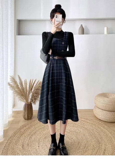 Autumn Winter Lady fashion Overalls 2 Piece Set Dress Women black Knitted Sweater Top + Plaid Tweed Slim Big Swing Midi Dress