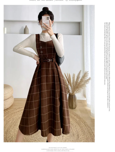 Autumn Winter Lady fashion Overalls 2 Piece Set Dress Women black Knitted Sweater Top + Plaid Tweed Slim Big Swing Midi Dress