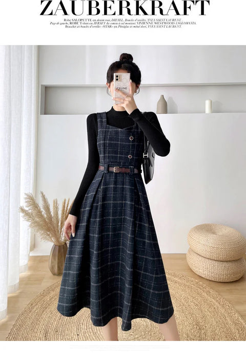 Autumn Winter Lady fashion Overalls 2 Piece Set Dress Women black Knitted Sweater Top + Plaid Tweed Slim Big Swing Midi Dress
