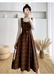 Autumn Winter Lady fashion Overalls 2 Piece Set Dress Women black Knitted Sweater Top + Plaid Tweed Slim Big Swing Midi Dress