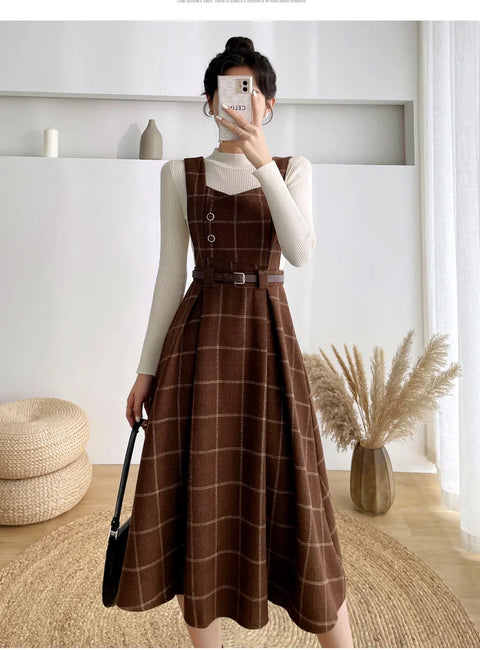 Autumn Winter Lady fashion Overalls 2 Piece Set Dress Women black Knitted Sweater Top + Plaid Tweed Slim Big Swing Midi Dress