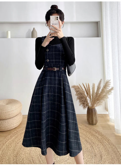 Autumn Winter Lady fashion Overalls 2 Piece Set Dress Women black Knitted Sweater Top + Plaid Tweed Slim Big Swing Midi Dress