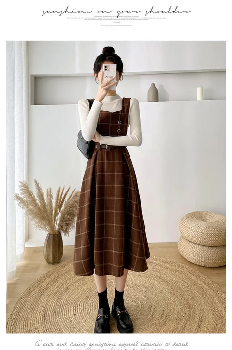Autumn Winter Lady fashion Overalls 2 Piece Set Dress Women black Knitted Sweater Top + Plaid Tweed Slim Big Swing Midi Dress