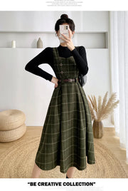 Autumn Winter Lady fashion Overalls 2 Piece Set Dress Women black Knitted Sweater Top + Plaid Tweed Slim Big Swing Midi Dress