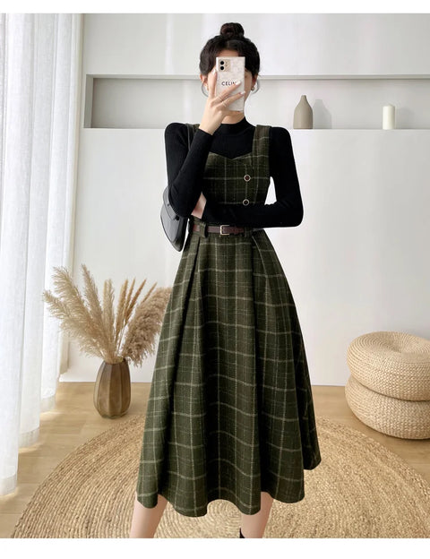 Autumn Winter Lady fashion Overalls 2 Piece Set Dress Women black Knitted Sweater Top + Plaid Tweed Slim Big Swing Midi Dress