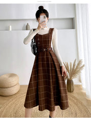 Autumn Winter Lady fashion Overalls 2 Piece Set Dress Women black Knitted Sweater Top + Plaid Tweed Slim Big Swing Midi Dress