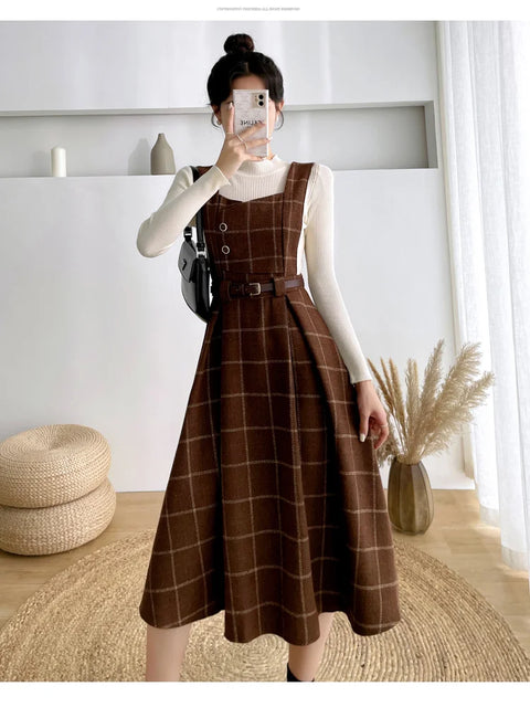Autumn Winter Lady fashion Overalls 2 Piece Set Dress Women black Knitted Sweater Top + Plaid Tweed Slim Big Swing Midi Dress