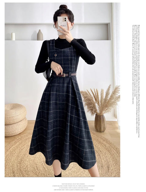 Autumn Winter Lady fashion Overalls 2 Piece Set Dress Women black Knitted Sweater Top + Plaid Tweed Slim Big Swing Midi Dress