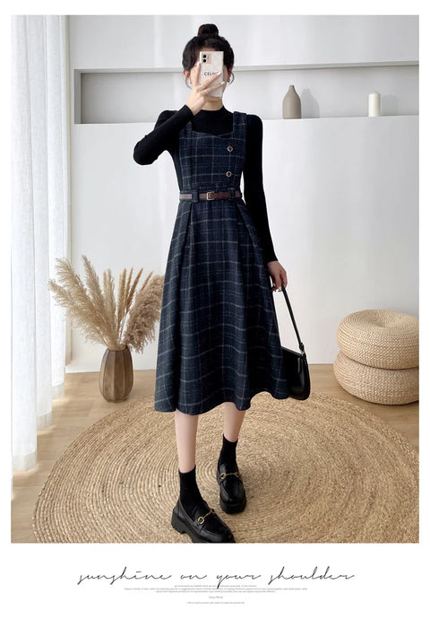 Autumn Winter Lady fashion Overalls 2 Piece Set Dress Women black Knitted Sweater Top + Plaid Tweed Slim Big Swing Midi Dress