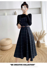 Autumn Winter Lady fashion Overalls 2 Piece Set Dress Women black Knitted Sweater Top + Plaid Tweed Slim Big Swing Midi Dress