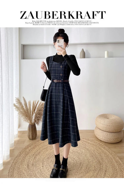 Autumn Winter Lady fashion Overalls 2 Piece Set Dress Women black Knitted Sweater Top + Plaid Tweed Slim Big Swing Midi Dress