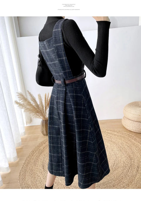 Autumn Winter Lady fashion Overalls 2 Piece Set Dress Women black Knitted Sweater Top + Plaid Tweed Slim Big Swing Midi Dress