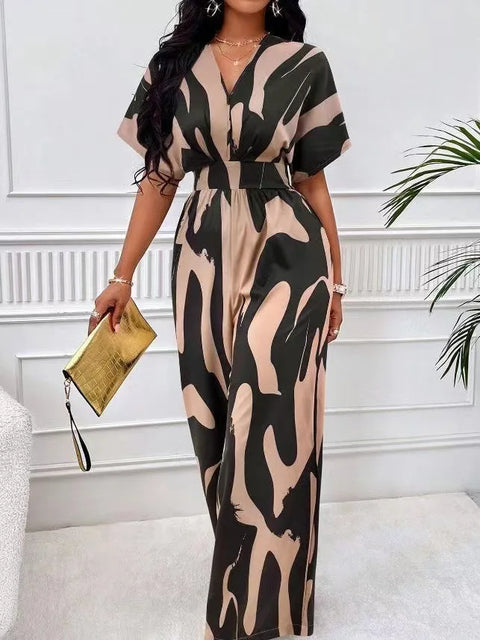 Women Fashion Jumpsuit Short Sleeved High Waist Sexy V-neck Print Wide Leg Long Pants Jumpsuits Summer New Casual Women Clothes