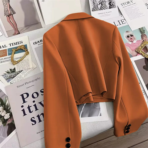 Korean Cropped Blazers Women Autumn Solid Color Simple Single-button Outwear Teens All-match Long Sleeve Office Lady Suit Jacket