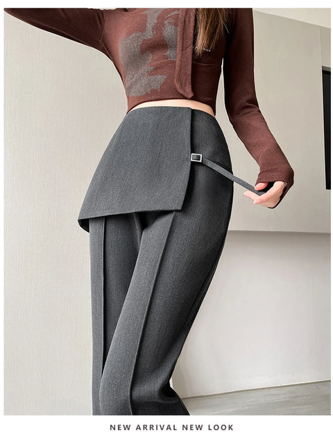 Gray Irregular High Waist Fake Two Pcs Flare Suit Pants Loose New Trousers Women Fashion Tide Spring Autumn 2025