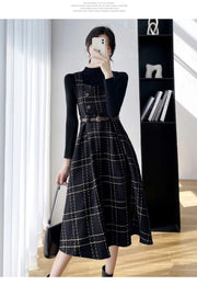 Autumn Winter Lady fashion Overalls 2 Piece Set Dress Women black Knitted Sweater Top + Plaid Tweed Slim Big Swing Midi Dress