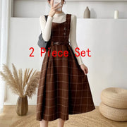 Autumn Winter Lady fashion Overalls 2 Piece Set Dress Women black Knitted Sweater Top + Plaid Tweed Slim Big Swing Midi Dress