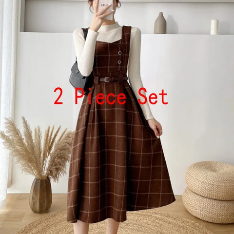 Autumn Winter Lady fashion Overalls 2 Piece Set Dress Women black Knitted Sweater Top + Plaid Tweed Slim Big Swing Midi Dress
