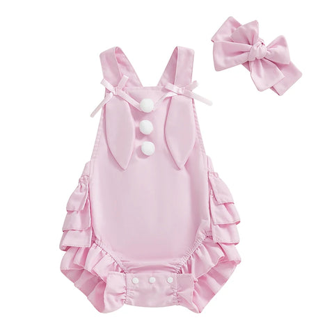 Newborn Infant Baby Girls Sleeveless Pom Front Ruffle Romper Playsuit Jumpsuit Overalls Baby Clothes Easter Outfits