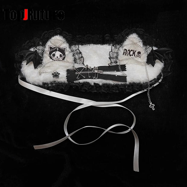 Women's lace y2k girls Gothic Lolita cosplay Harajuku wings lace headband with cat ears headband Lolita punk cosplay headband