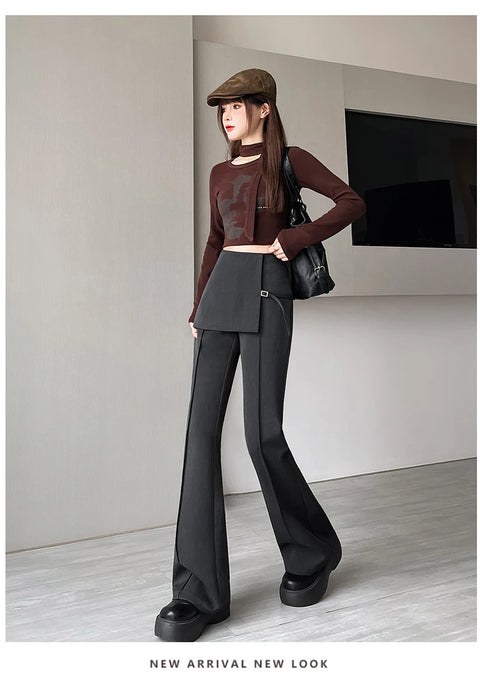 Gray Irregular High Waist Fake Two Pcs Flare Suit Pants Loose New Trousers Women Fashion Tide Spring Autumn 2025