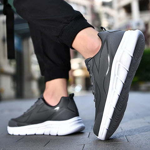 YRZL Black Running Shoes Leather Waterproof Athletic Sneakers Men Wear-resistant Men Walking Sport Shoes Comfortable Men Shoes