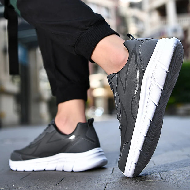 YRZL Black Running Shoes Leather Waterproof Athletic Sneakers Men Wear-resistant Men Walking Sport Shoes Comfortable Men Shoes