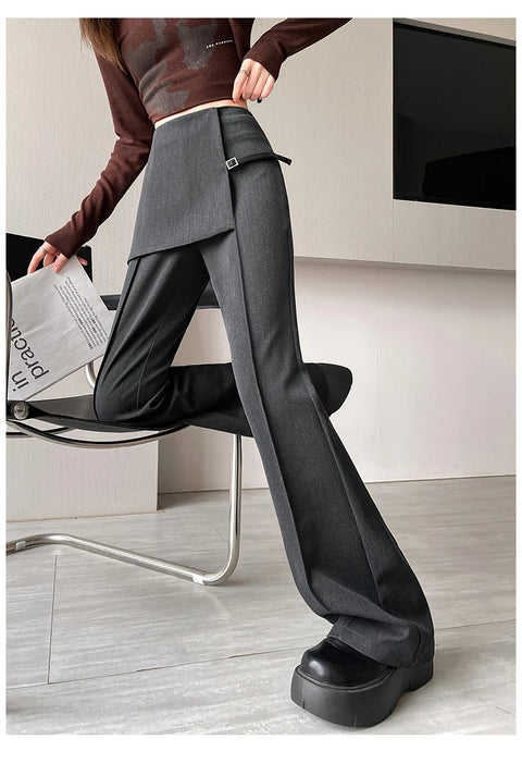Gray Irregular High Waist Fake Two Pcs Flare Suit Pants Loose New Trousers Women Fashion Tide Spring Autumn 2025