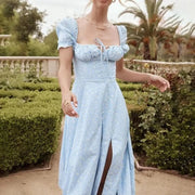 New Women Floral Dress Summer PuffSleeve Square Neck Tie Front High SplitDress Ruched Drawstring Chic DressesPrint Long