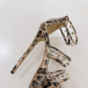 Liyke Fashion Design Metal Rivets PVC Women Zip Cover Strap Sandals Sexy Leopard Print Platform High Heels Banquet Party Shoes