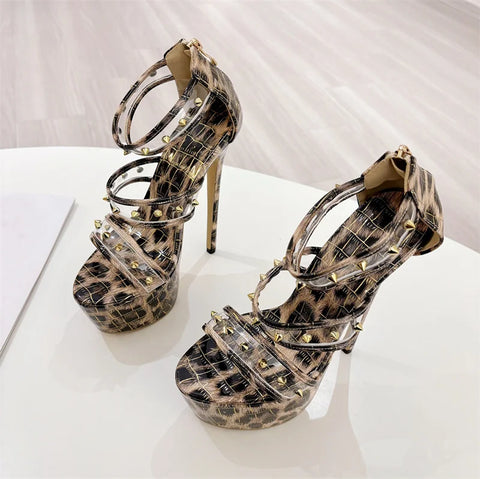 Liyke Fashion Design Metal Rivets PVC Women Zip Cover Strap Sandals Sexy Leopard Print Platform High Heels Banquet Party Shoes
