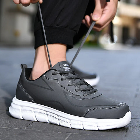 YRZL Black Running Shoes Leather Waterproof Athletic Sneakers Men Wear-resistant Men Walking Sport Shoes Comfortable Men Shoes