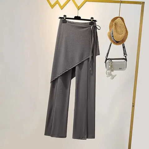 Solid Slit Full Length Flare Pants Women High Waist Elastic Fashion Korean Style Autumn Female All-match Simple Leisure Chic