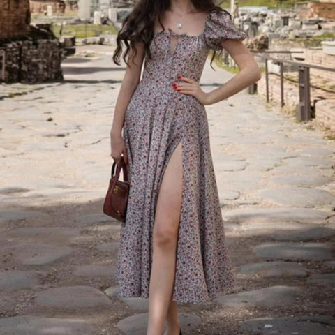 New Women Floral Dress Summer PuffSleeve Square Neck Tie Front High SplitDress Ruched Drawstring Chic DressesPrint Long