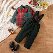 Prowow Baby Kids Christmas Outfit Sets For Boys Patchwork Plaid Necktie Shirts +Corduroy Green Overalls Newborn New Year Costume