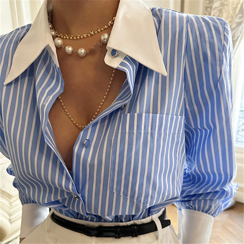 REALEFT Spring Summer Elegant Striped Women's Blouse One Pocket Turn-down Collar Single Breated Korean Shirts Female 2024 New