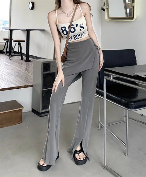 Solid Slit Full Length Flare Pants Women High Waist Elastic Fashion Korean Style Autumn Female All-match Simple Leisure Chic