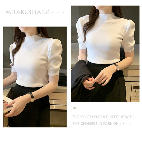 Short Sleeved Shirt Women's Summer Vest 2025 Spring Tank Knitwear Half Turtleneck Bottoming Sweater Thin Knit Shirt 18848