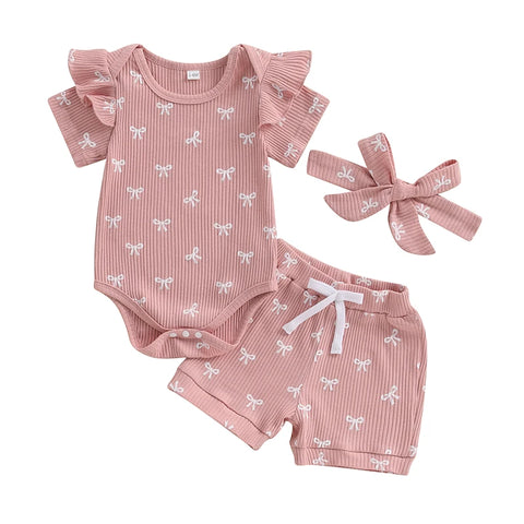 3pcs Newest Summer Toddler Infant Baby Girl Cotton Casual Outfits Set Bow Print Bodysuit+Shorts+Headband Cute Baby Clothes