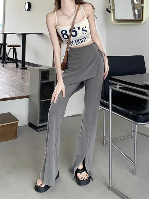 Solid Slit Full Length Flare Pants Women High Waist Elastic Fashion Korean Style Autumn Female All-match Simple Leisure Chic