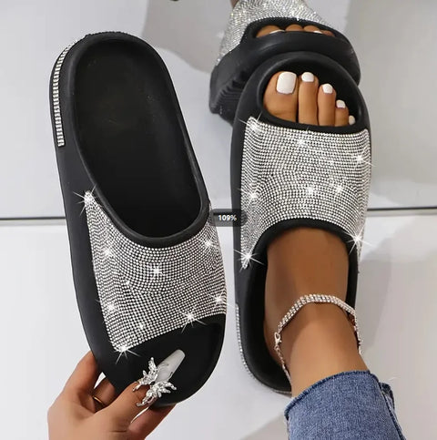 2025 women's/men new women's shoes with diamond face, thin flash thick bottom slippers sandals outdoor beach slippers 36-45
