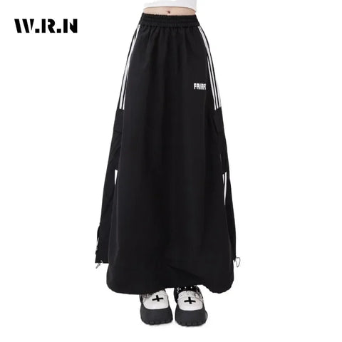 2025 Summer High Street Striped Print Black Mid Long Skirts Women's Casual High Waist Street Elastic Waist Grunge A-Line Skirt