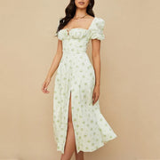 New Women Floral Dress Summer PuffSleeve Square Neck Tie Front High SplitDress Ruched Drawstring Chic DressesPrint Long