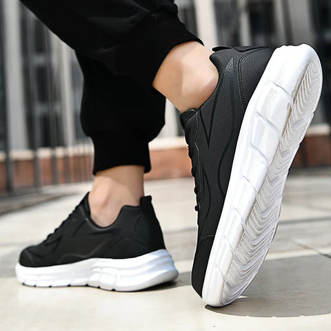 YRZL Black Running Shoes Leather Waterproof Athletic Sneakers Men Wear-resistant Men Walking Sport Shoes Comfortable Men Shoes