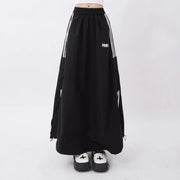 2025 Summer High Street Striped Print Black Mid Long Skirts Women's Casual High Waist Street Elastic Waist Grunge A-Line Skirt