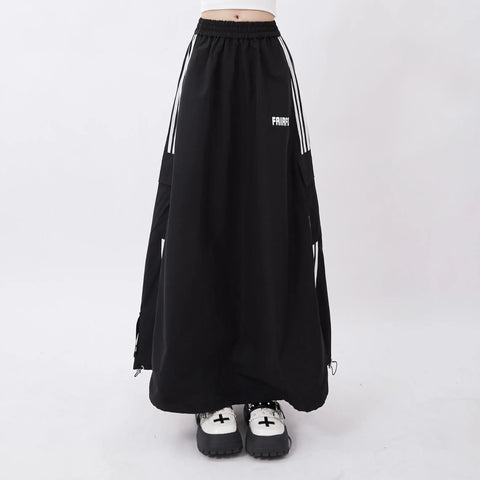2025 Summer High Street Striped Print Black Mid Long Skirts Women's Casual High Waist Street Elastic Waist Grunge A-Line Skirt
