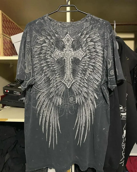T Shirt Mens New Affliction Harajuku Y2K Hip Hop Water Washed Retro Round Neck Oversized T shirt long sleeve Gothic Couple Tops