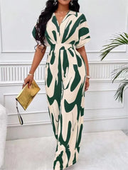 Women Fashion Jumpsuit Short Sleeved High Waist Sexy V-neck Print Wide Leg Long Pants Jumpsuits Summer New Casual Women Clothes