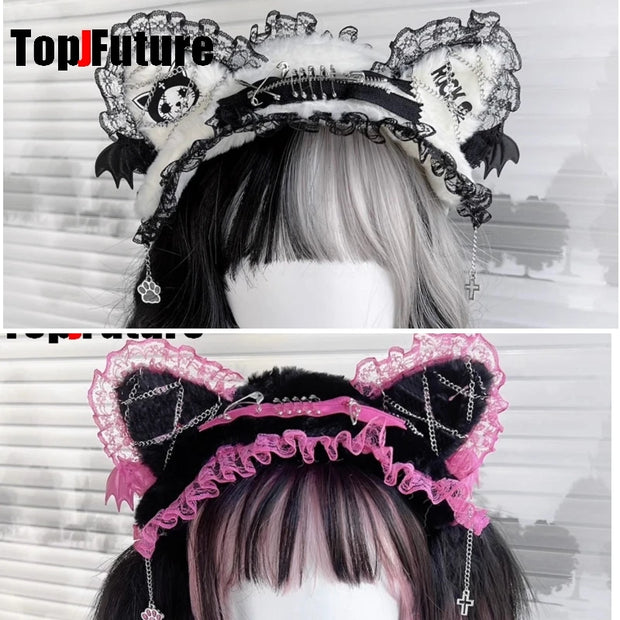 Women's lace y2k girls Gothic Lolita cosplay Harajuku wings lace headband with cat ears headband Lolita punk cosplay headband